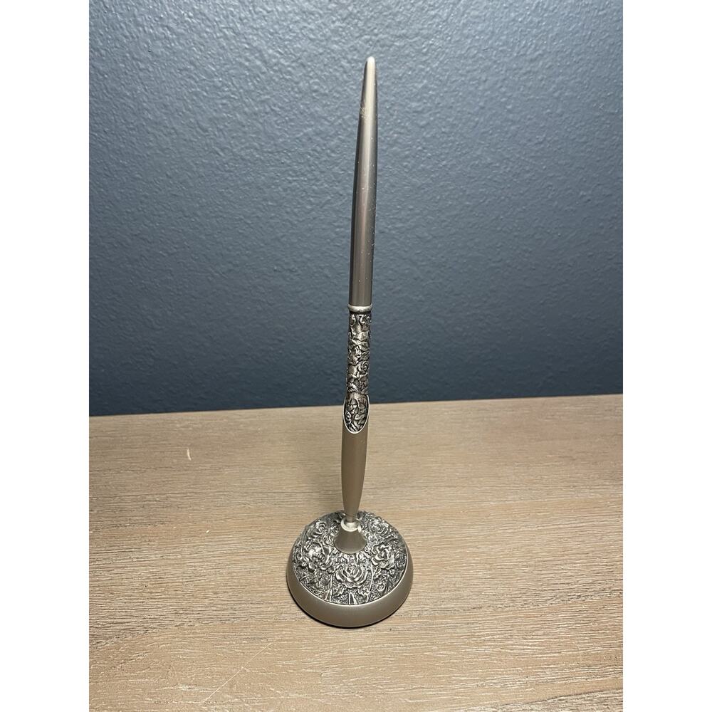 Vintage Floral Pewter Tone Desk Pen & Holder Office Writing Set
